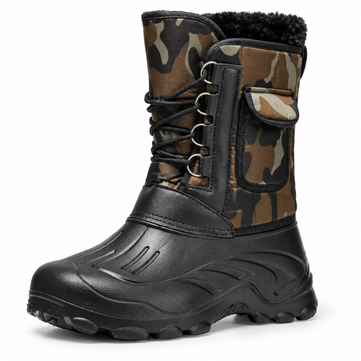 Botte randonnée neige homme camouflage – vue trois-quarts sur fond blanc