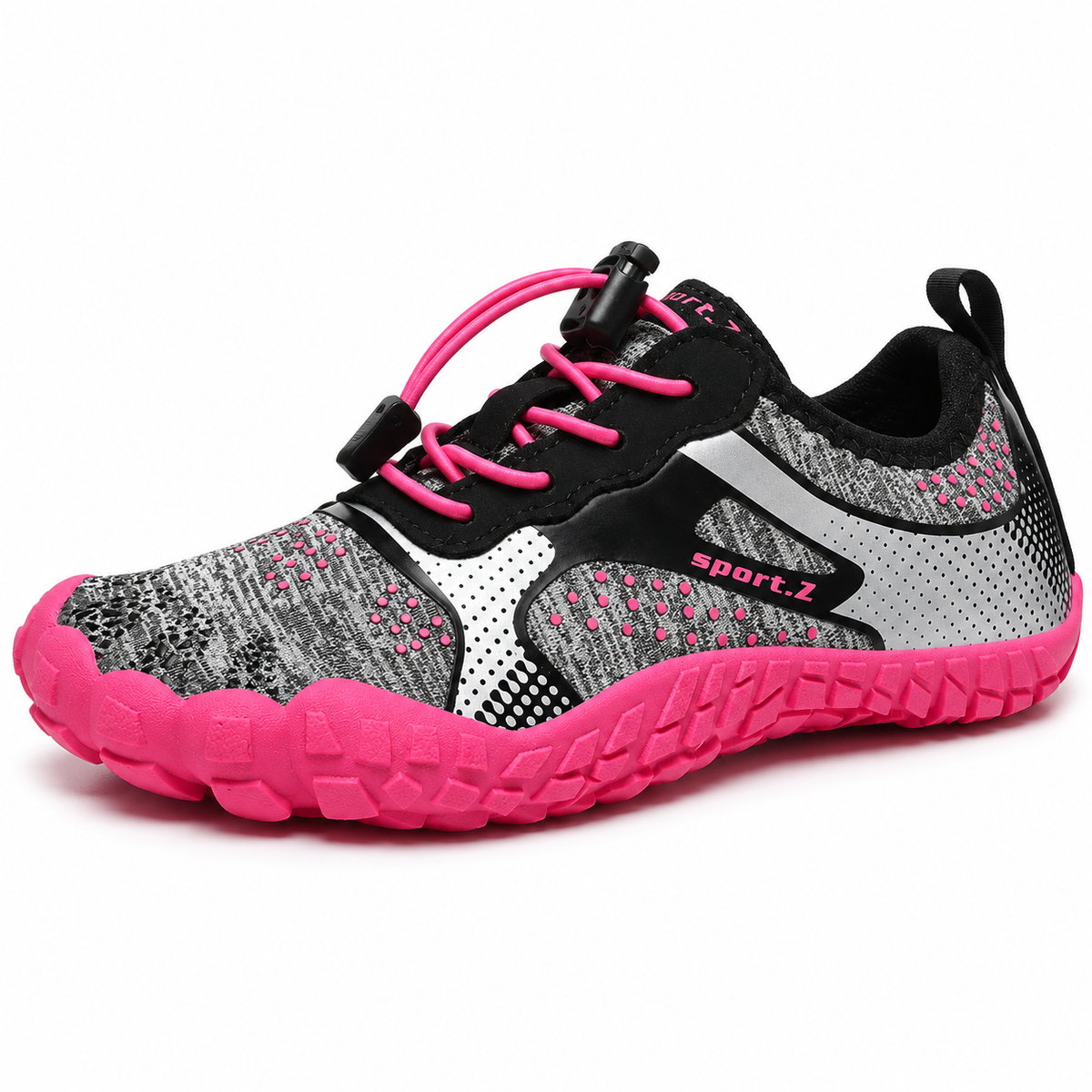 Chaussure barefoot femme randonnée rouge avec semelle fuchsia sur fond blanc chaud