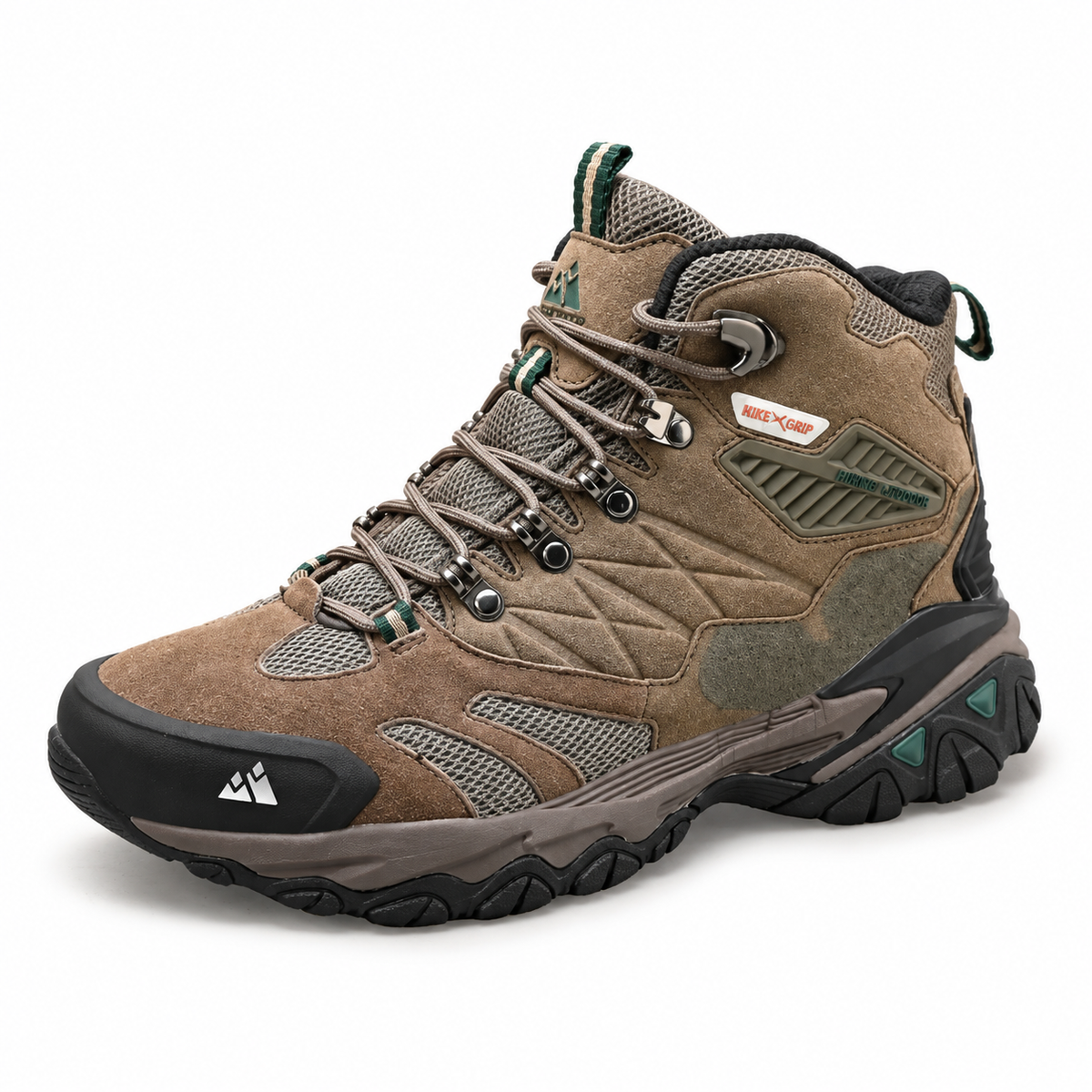 Chaussure randonnée militaire kaki en vue trois-quarts sur fond blanc