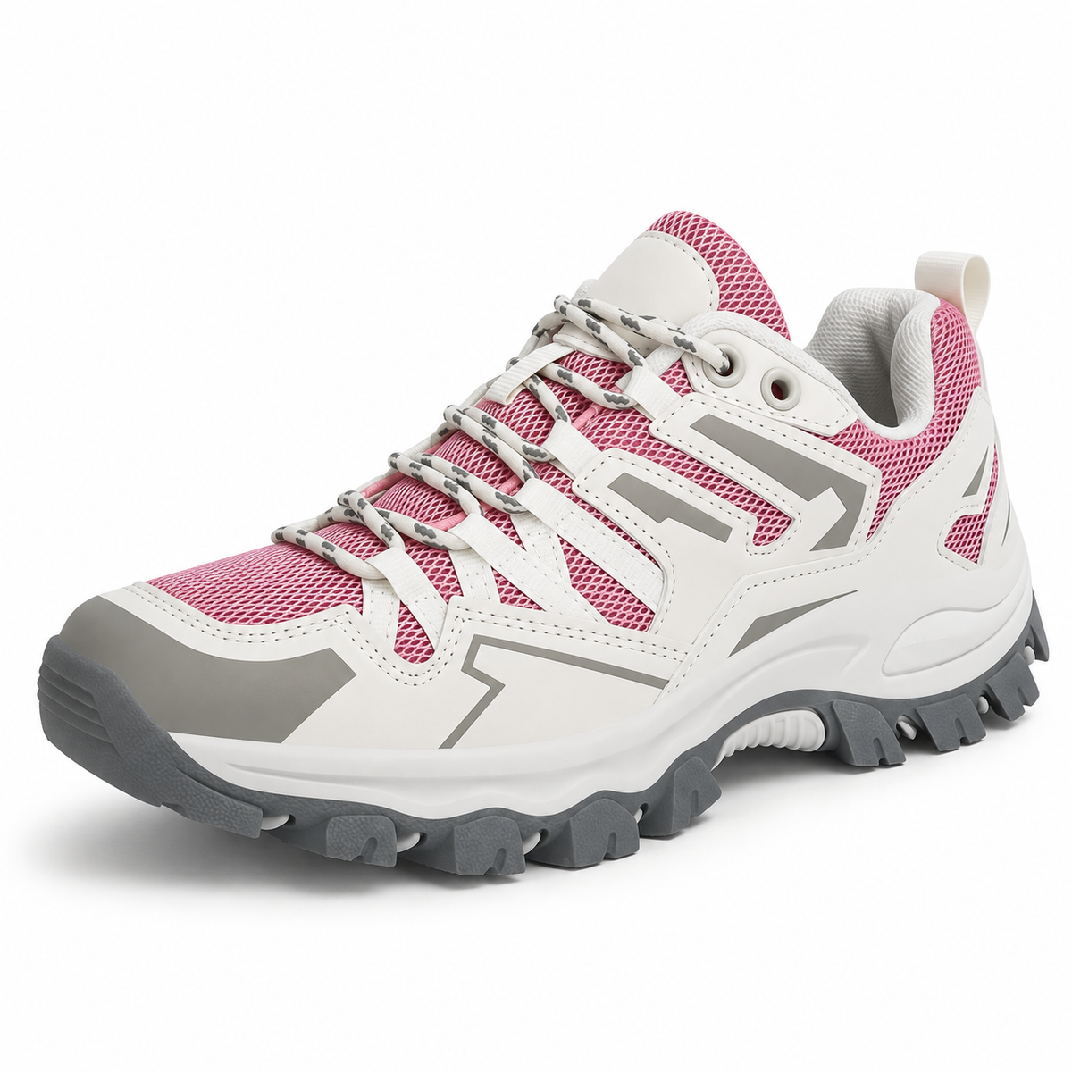 Chaussure de randonnée pieds sensibles rose et grise en vue trois-quarts sur fond blanc chaud