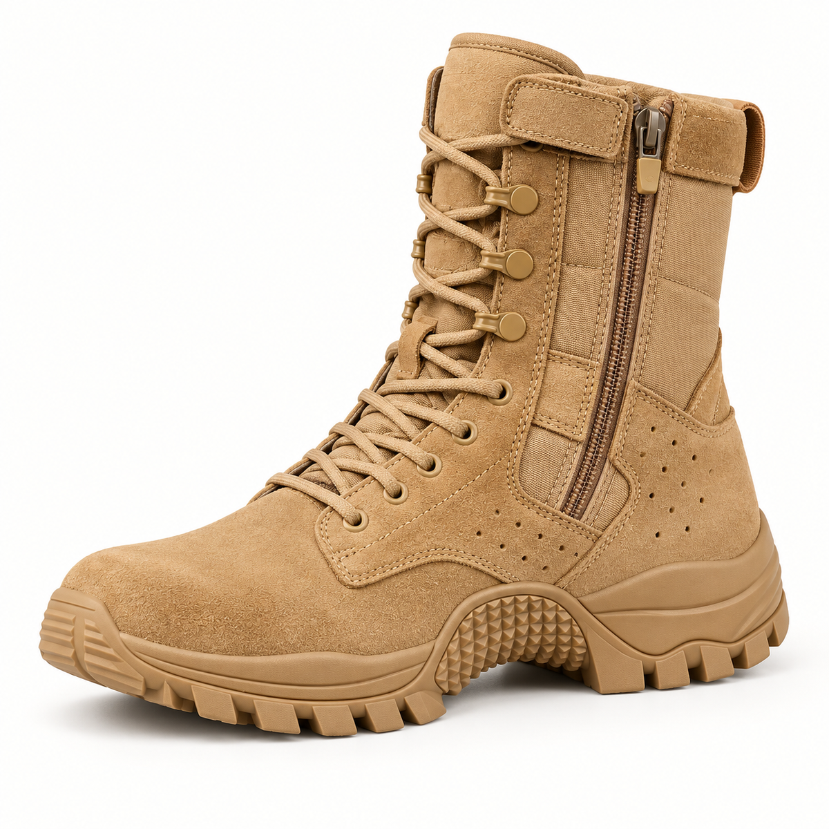 Chaussure randonnée zip sable vue trois-quarts sur fond blanc chaud