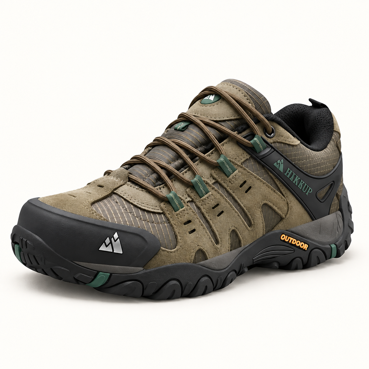 Chaussures montantes randonnée en toile homme kaki vue trois-quarts sur fond blanc chaud