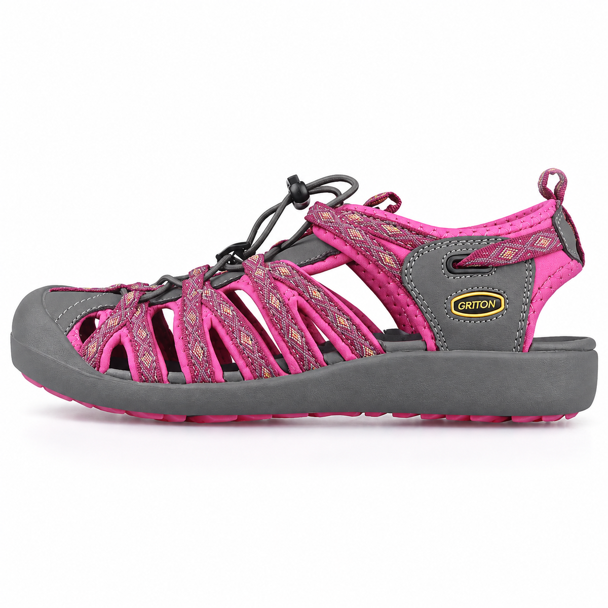 Sandales femme plates de randonnée roses – profil sur fond blanc chaud