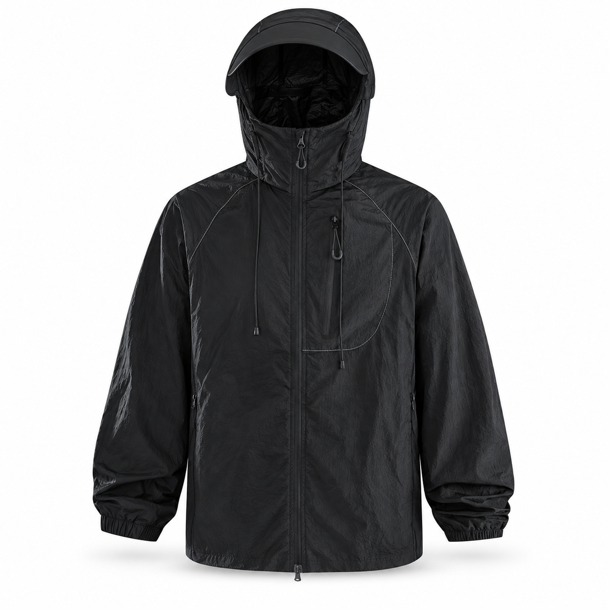 Veste de randonnée imperméable et respirante noire avec capuche sur fond blanc