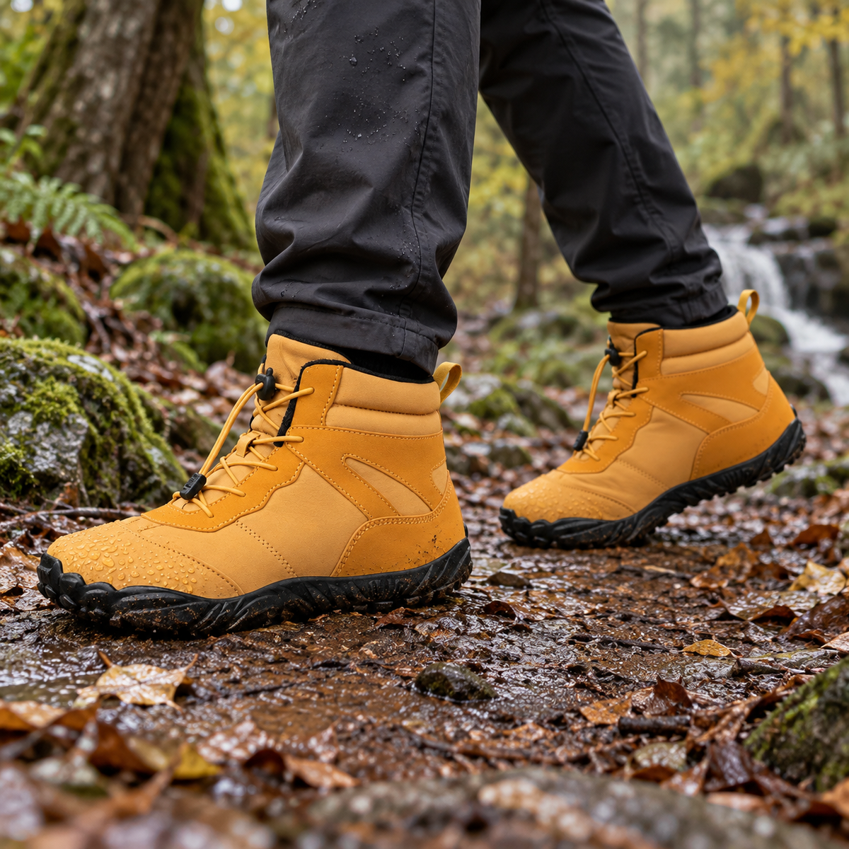 Paire de bottes de randonnée jaunes portée sur sentier humide