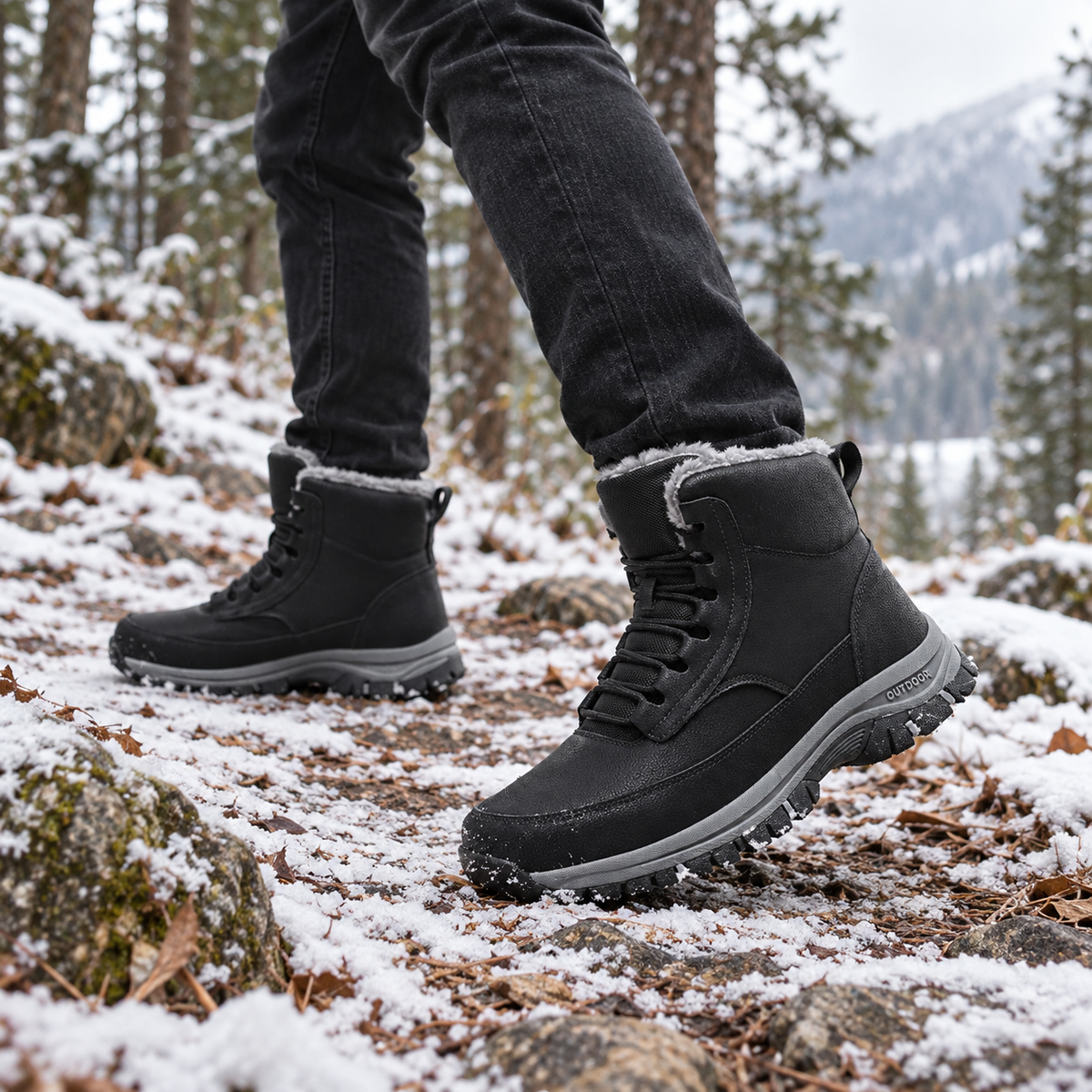 Bottes de randonnée noires fourrées portées sur un sentier enneigé