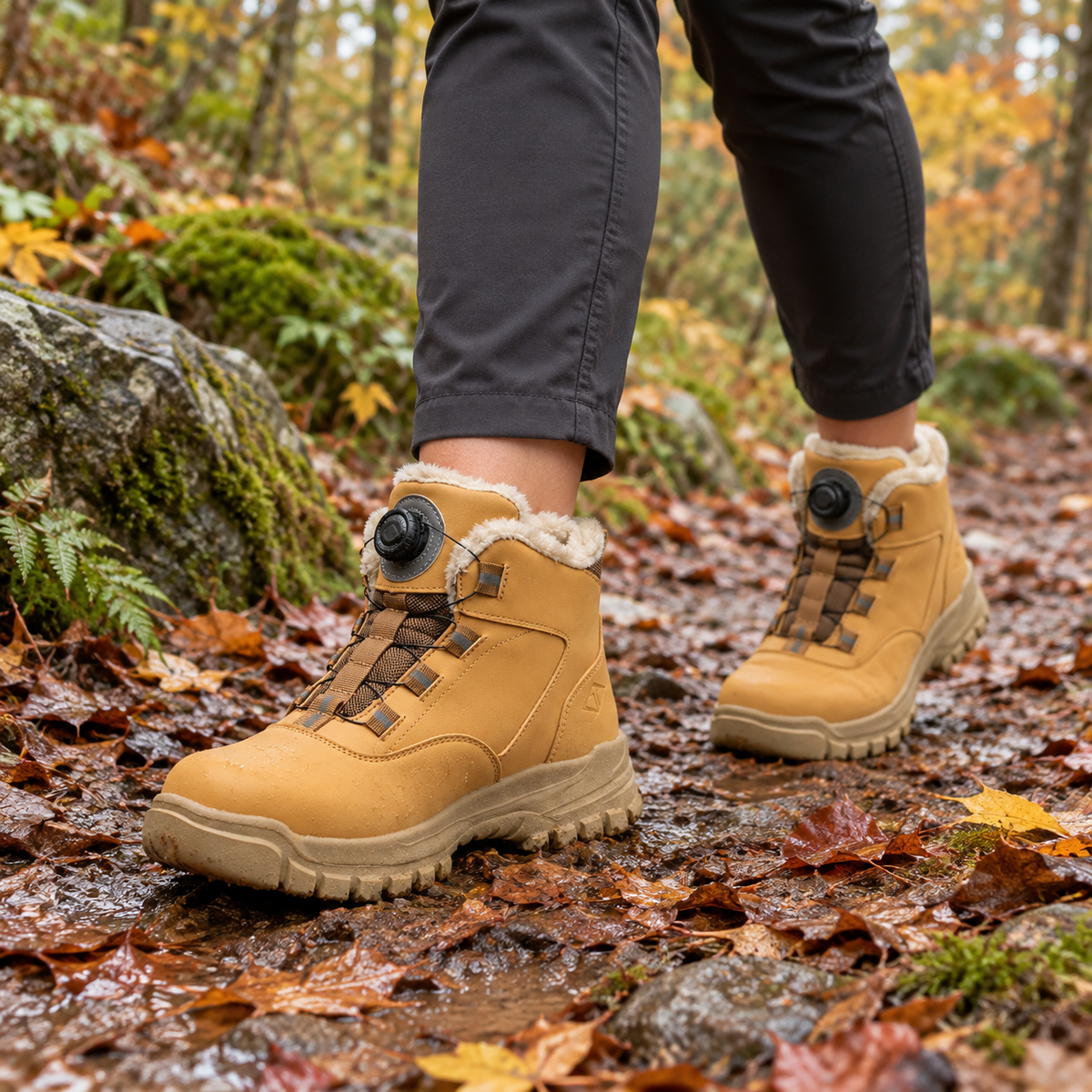 Paire de bottes randonnée cuir femme jaunes portée sur sentier humide
