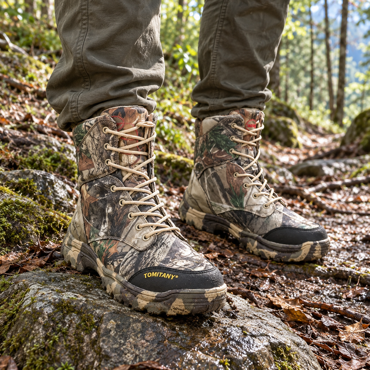 Paire de bottes randonnée cuir homme camouflage portée sur un sentier