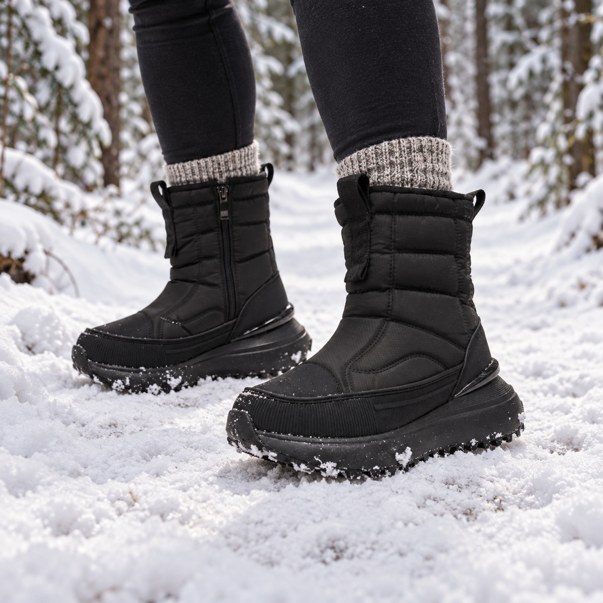 Paire de bottes randonnée hiver noires portée sur un sentier enneigé