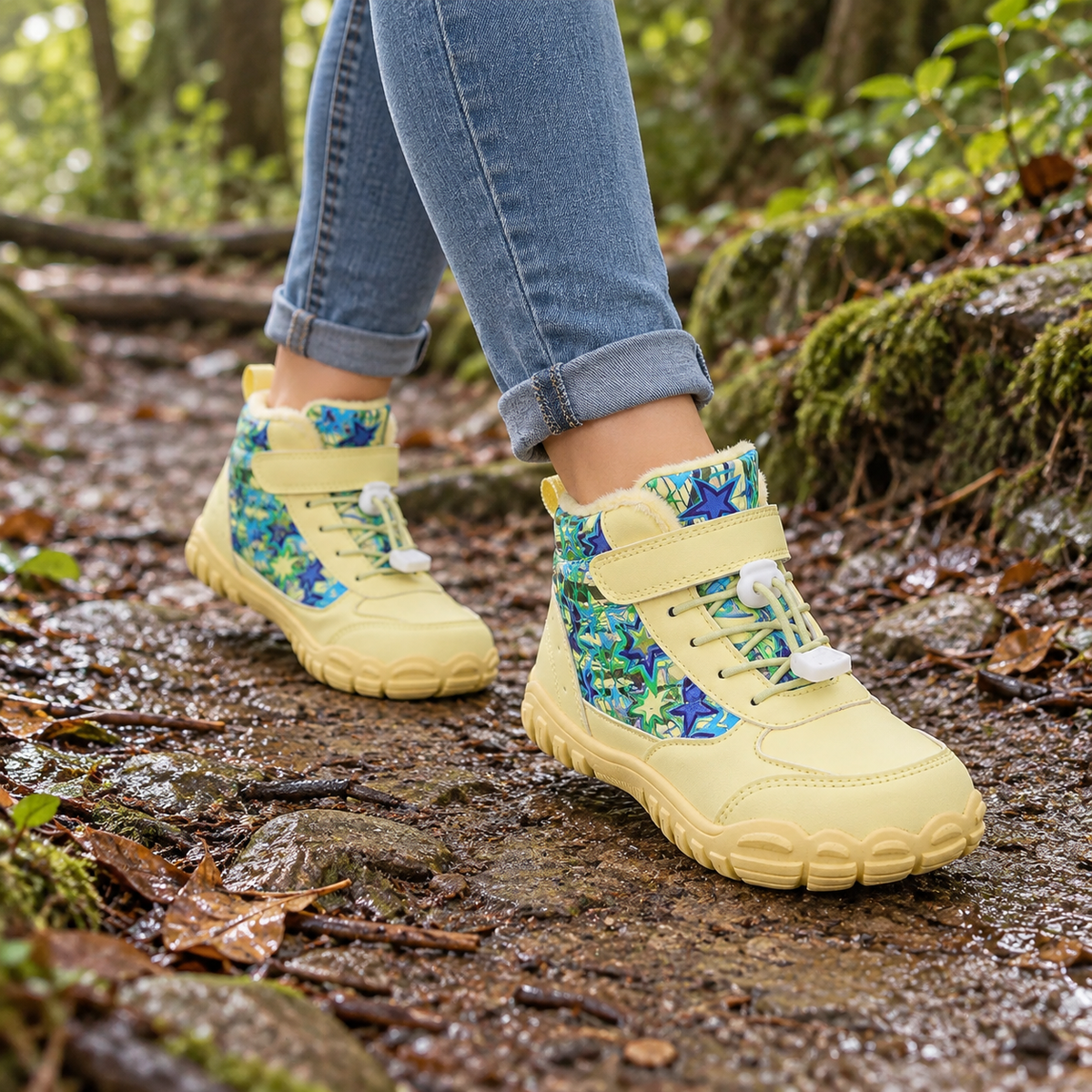Paire de bottes randonnée imperméables femme jaunes portée sur sentier humide