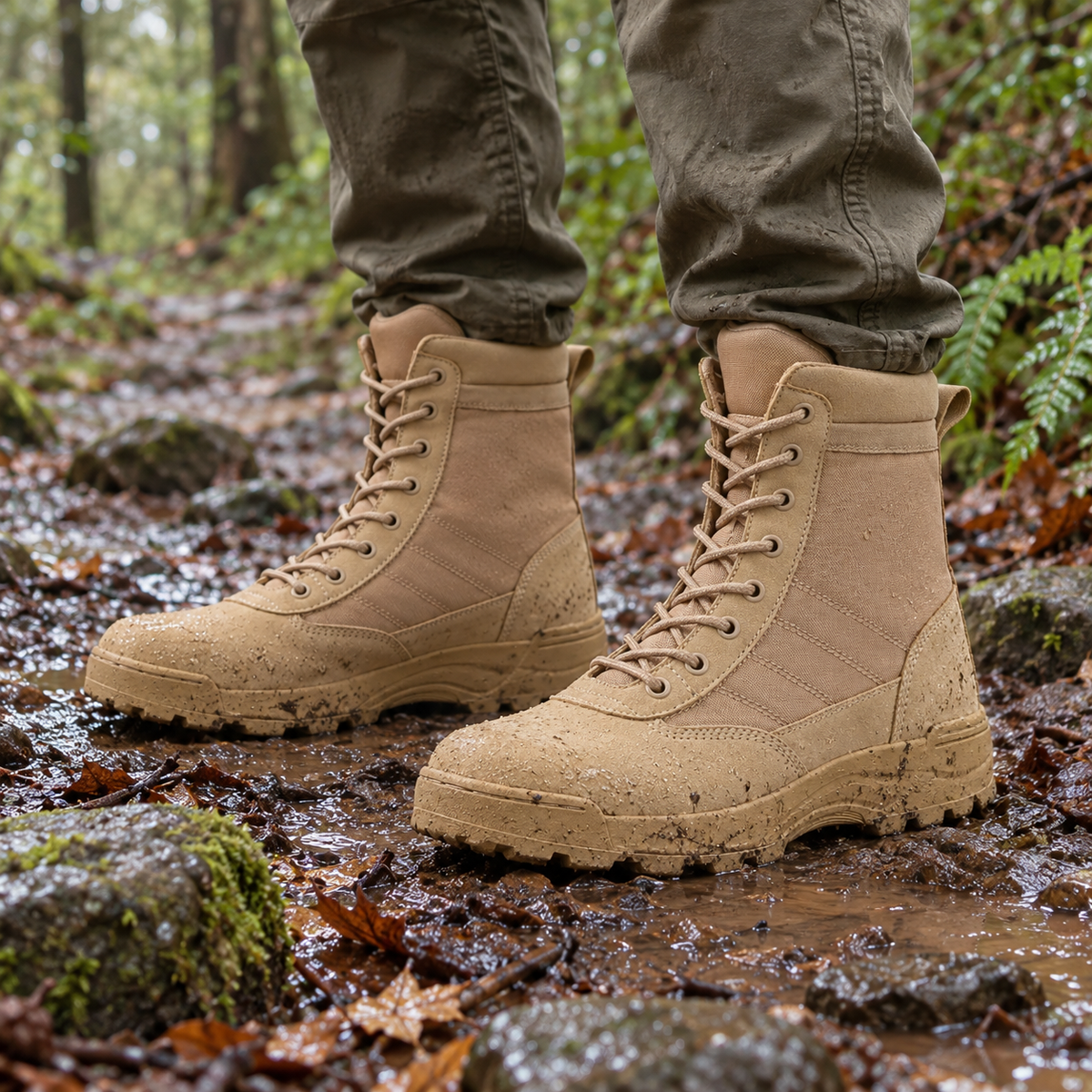 Paire de bottes randonnée imperméables sable portée sur un sentier humide
