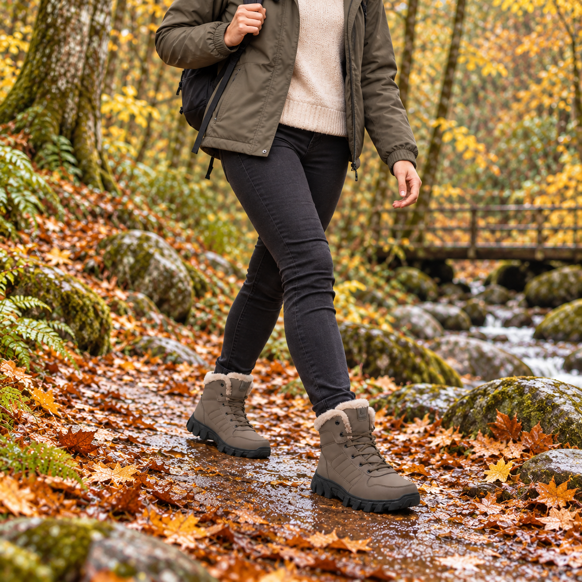 Paire de bottes randonnée marron kaki portée sur sentier humide