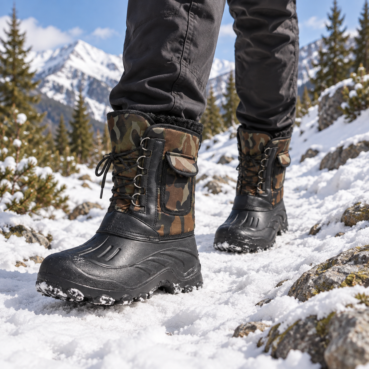 Paire de bottes randonnée neige homme camouflage portée en montagne