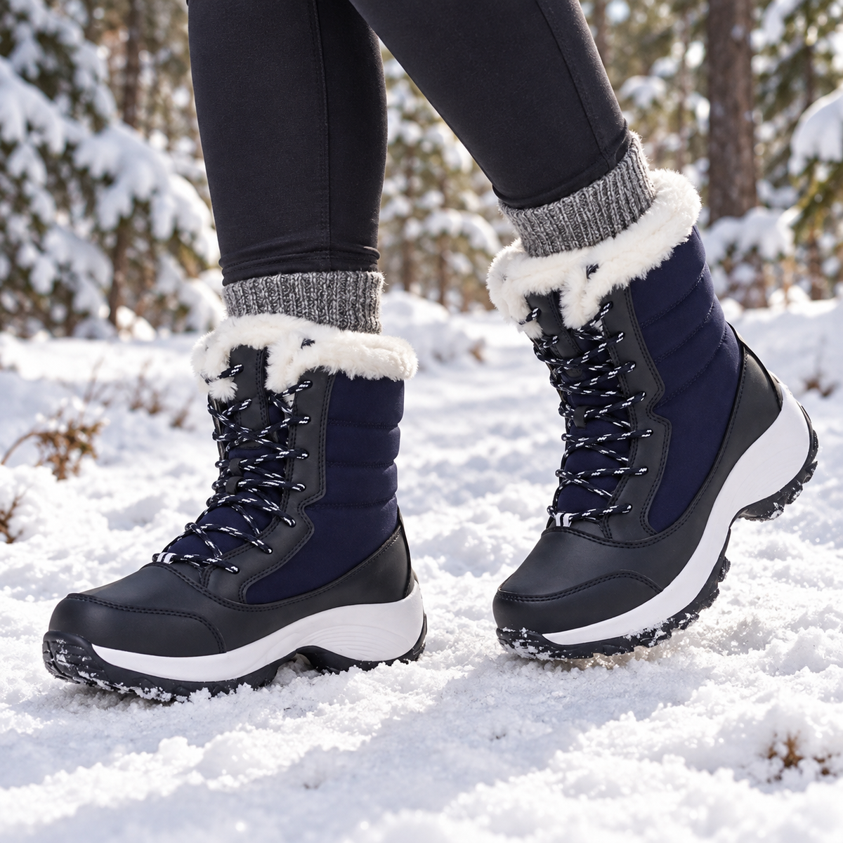 Bottes randonnée neige femme bleu marine et blanc portées sur sentier enneigé