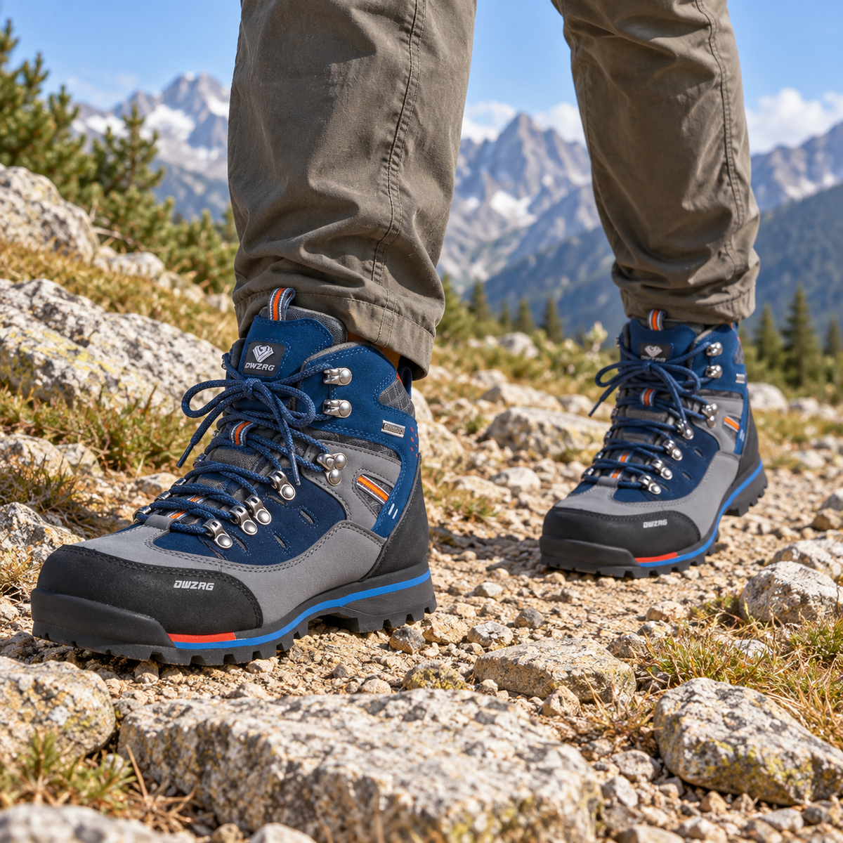 Paire de chaussures randonnée alpinisme homme bleues portée sur sentier alpin