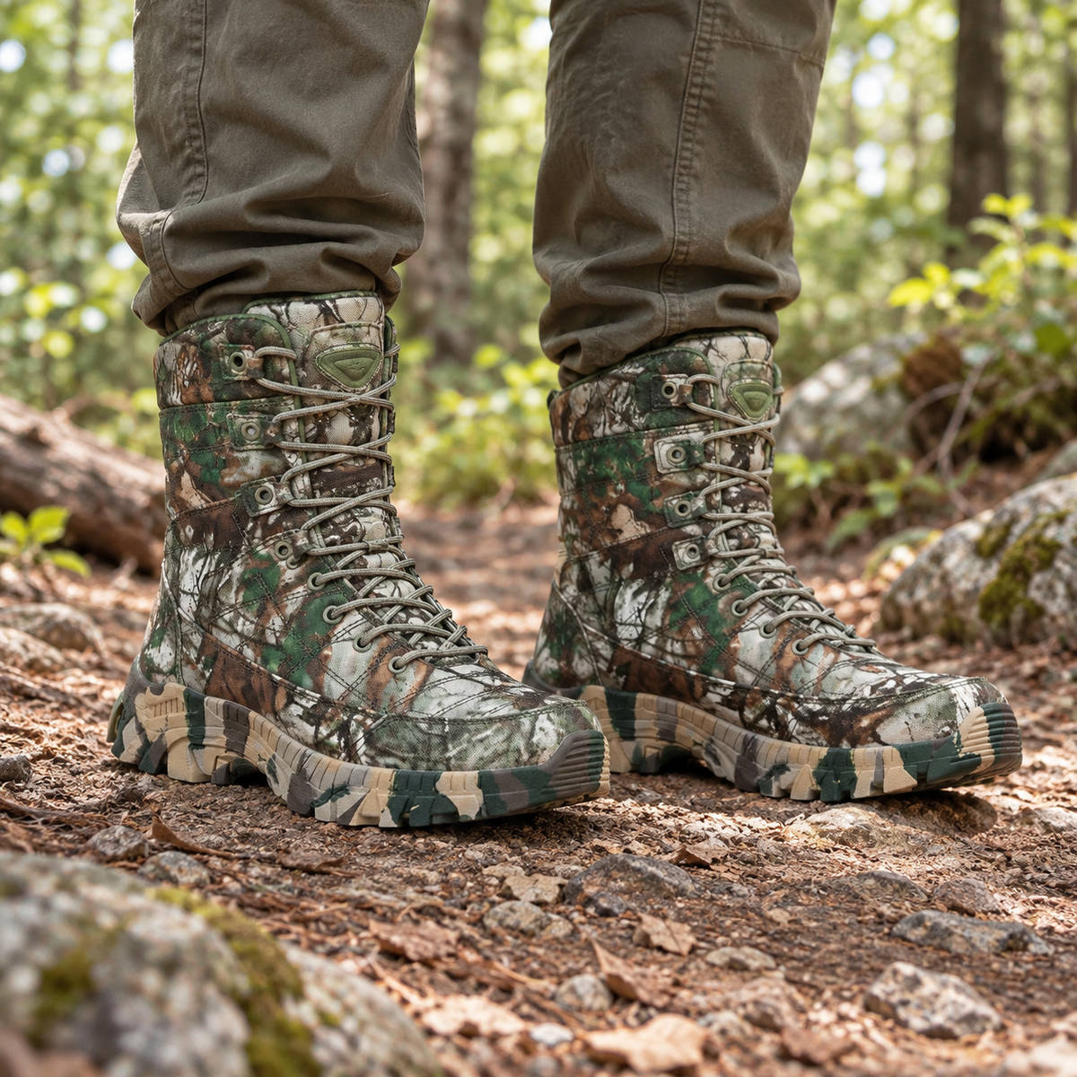 Paire de chaussures randonnée camouflage vertes portée sur sentier forestier