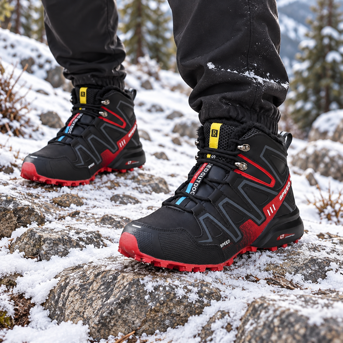 Paire de chaussures randonnée hiver homme rouges portée sur sentier enneigé