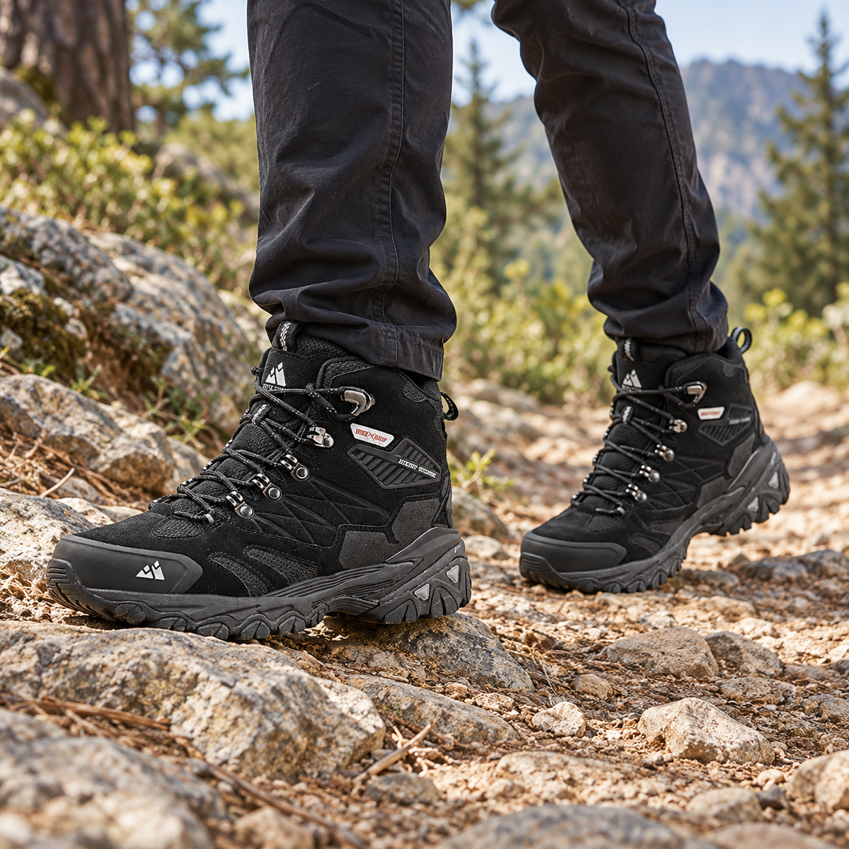 Paire de chaussures randonnée homme antidérapantes noires portée sur sentier rocheux