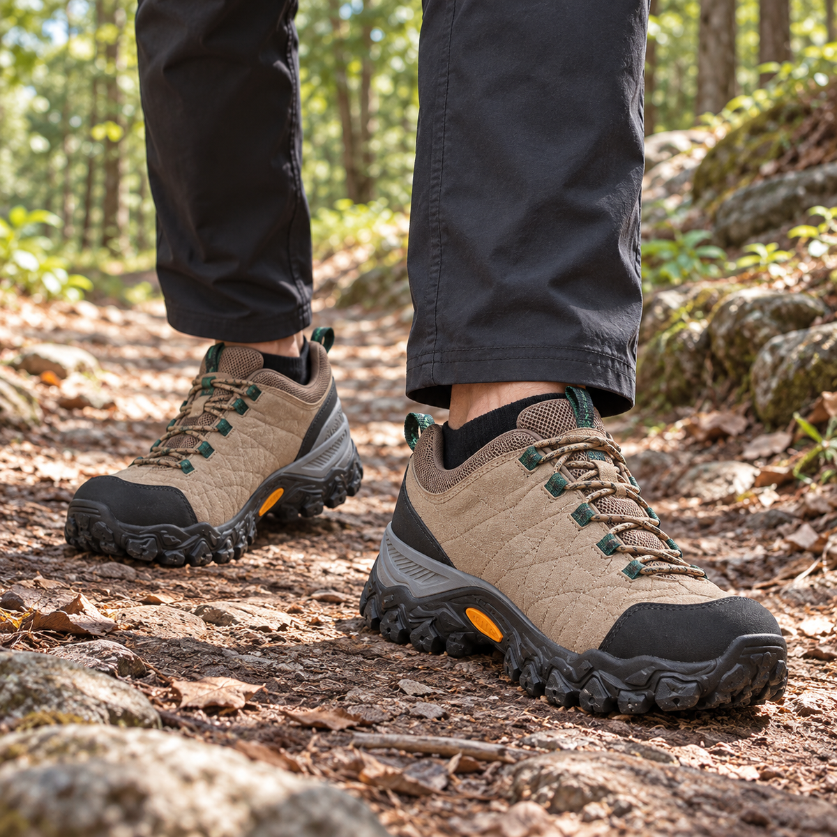 Chaussures randonnée homme basses légères tan portées sur sentier