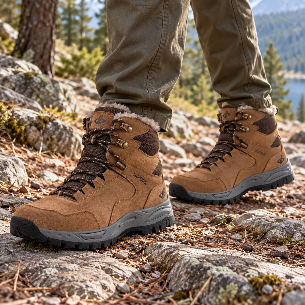 Paire de chaussures randonnée homme marron portée sur sentier montagneux