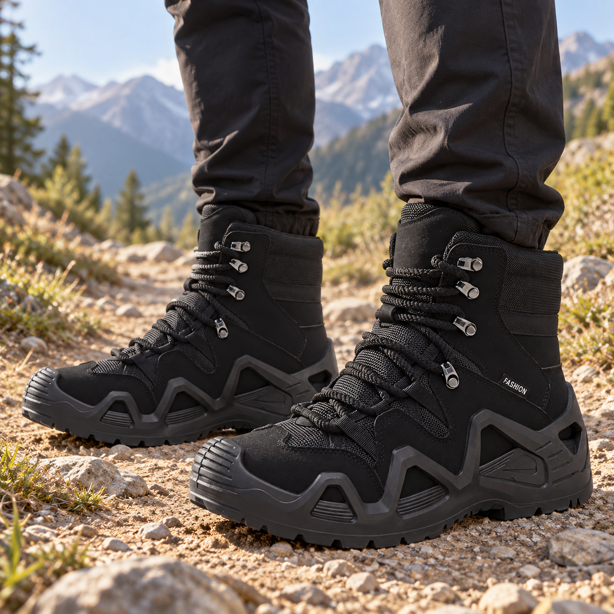 Paire de chaussures randonnée montantes noires portée sur un sentier de montagne