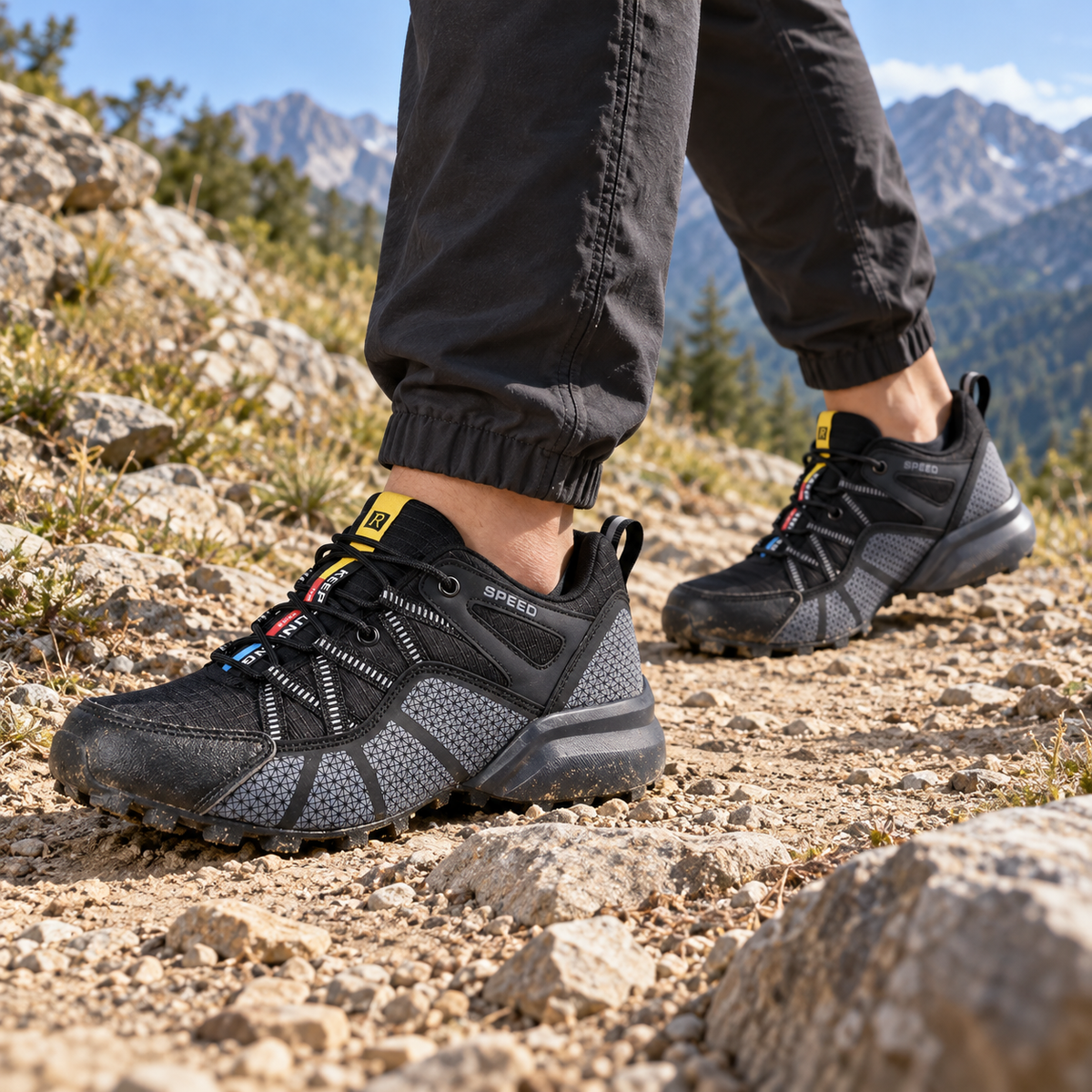 Paire de chaussures randonnée rapide Noires portée sur un sentier de montagne sec
