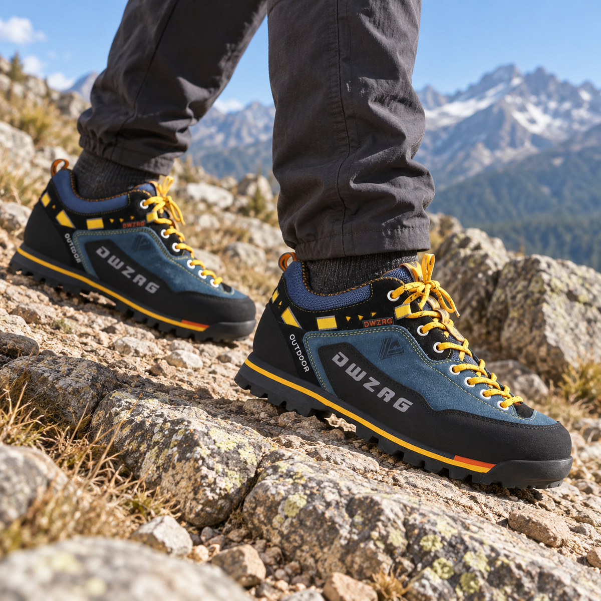 Paire de chaussures randonnée rigides Darkblue portée sur un sentier rocheux