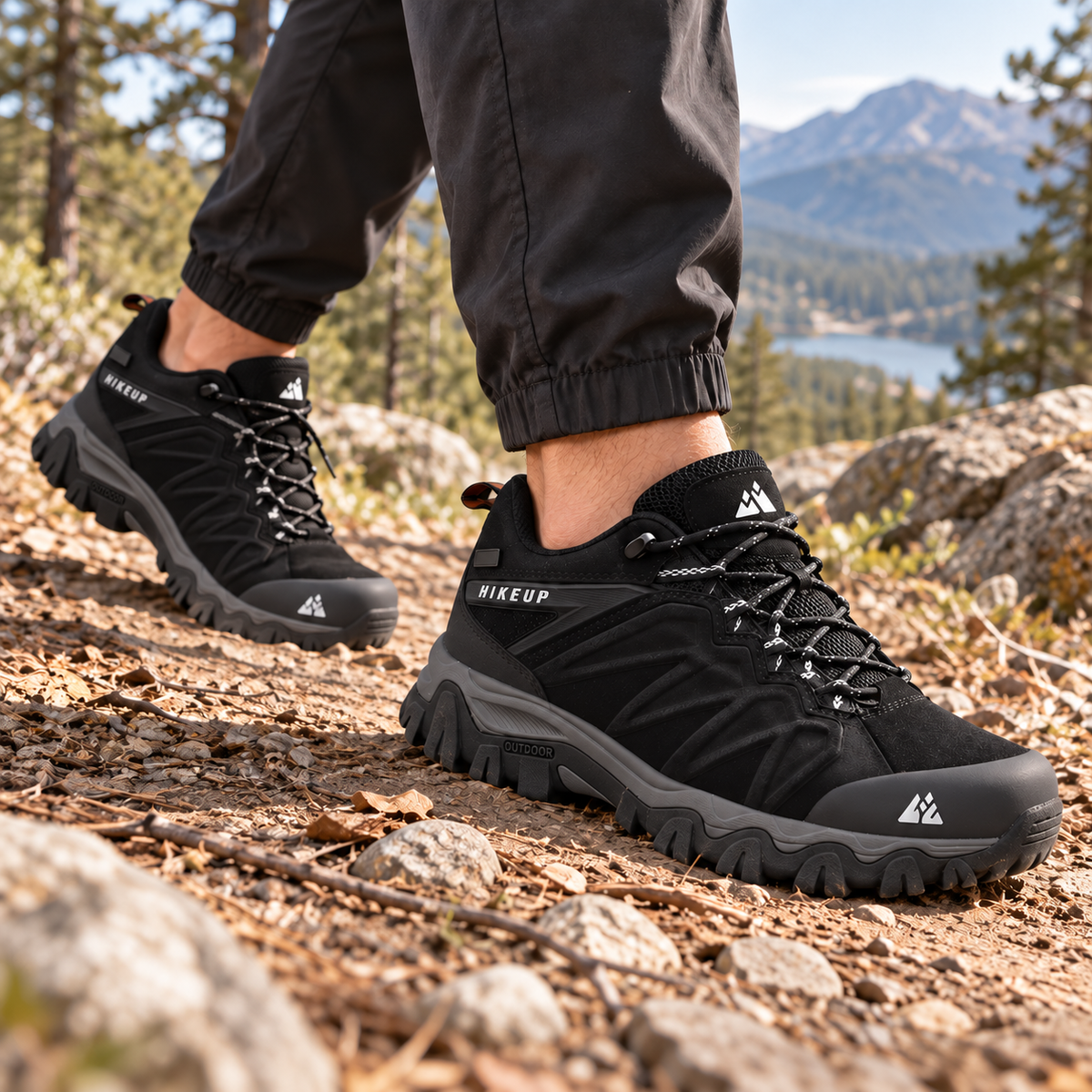 Paire de chaussures randonnée souples homme noires portée sur un sentier de montagne