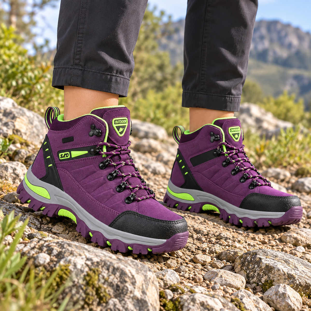 Paire de chaussures randonnée violettes et jaunes portée sur un sentier rocheux