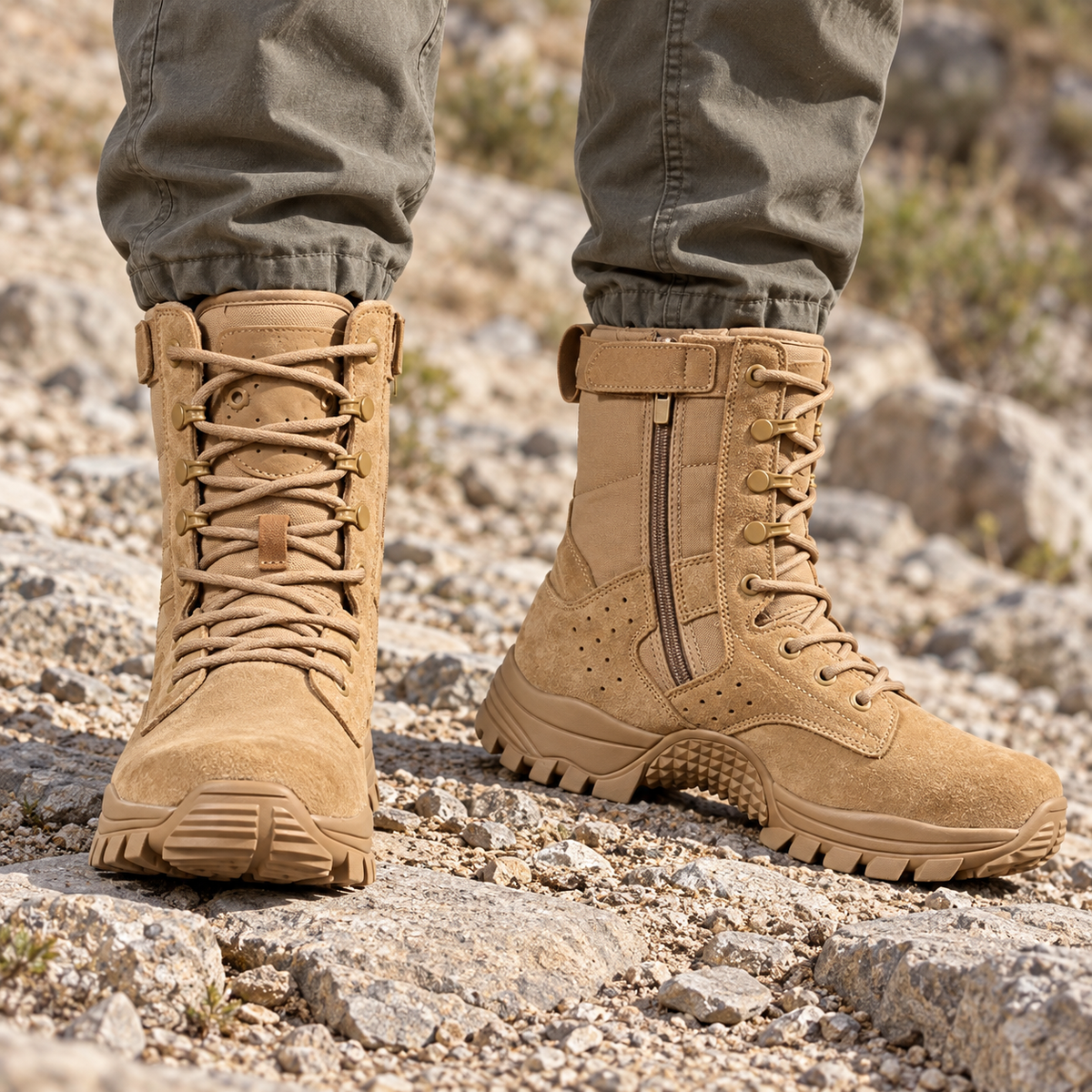 Paire de chaussures randonnée zip sable portée sur un sentier rocheux