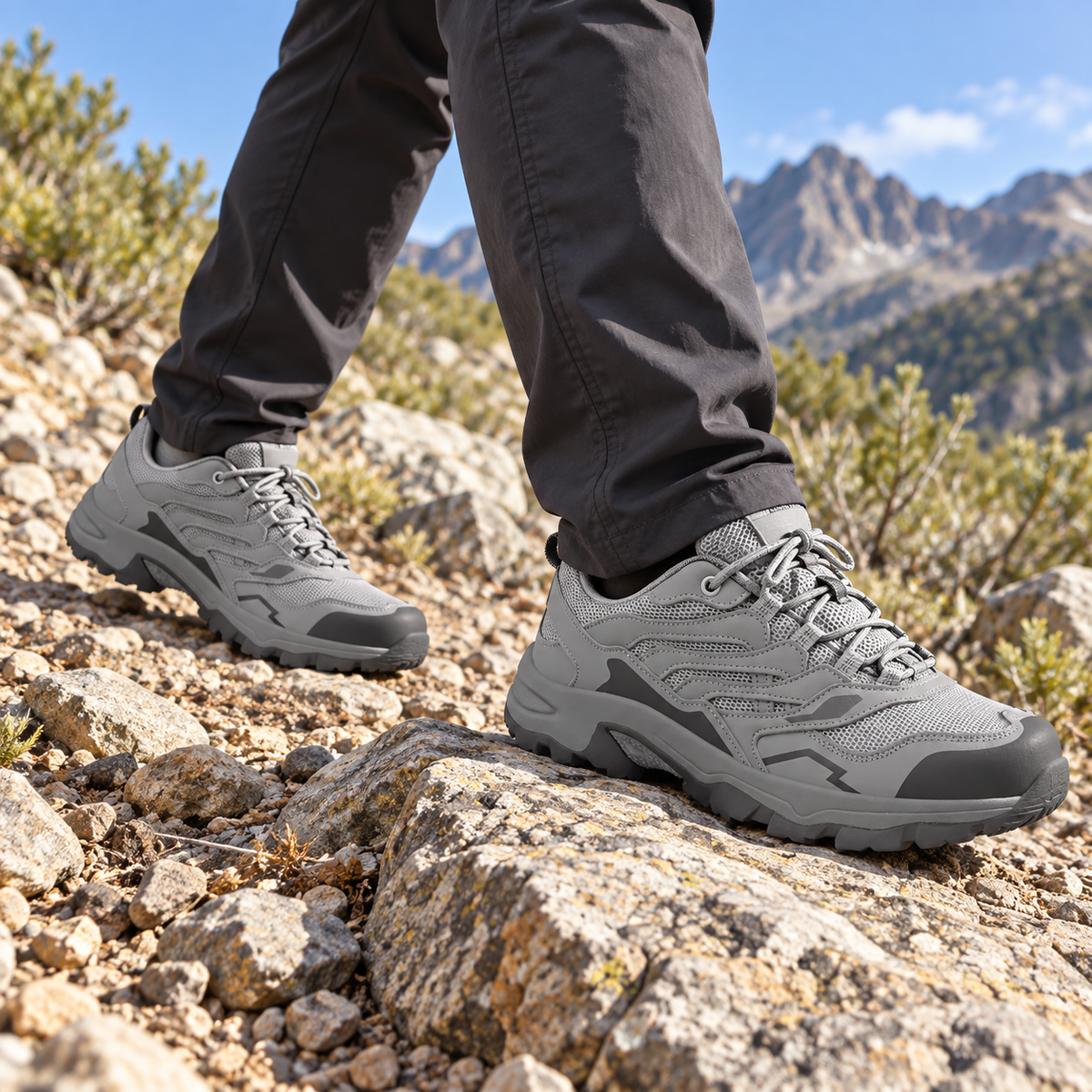 Paire de chaussures d’approche randonnée grises portée avec deux pieds sur terrain rocheux