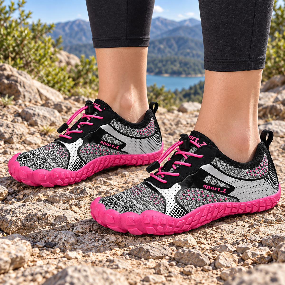 Paire de chaussures barefoot femme randonnée rouges portée sur un sentier rocheux