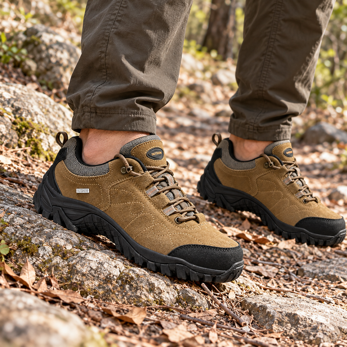 Paire de chaussures basses de randonnée marron portée avec deux pieds sur un sentier