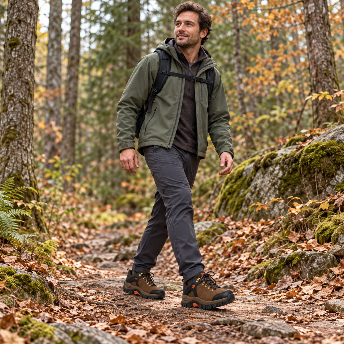 Chaussures basses de randonnée chaudes homme portées sur sentier d’automne