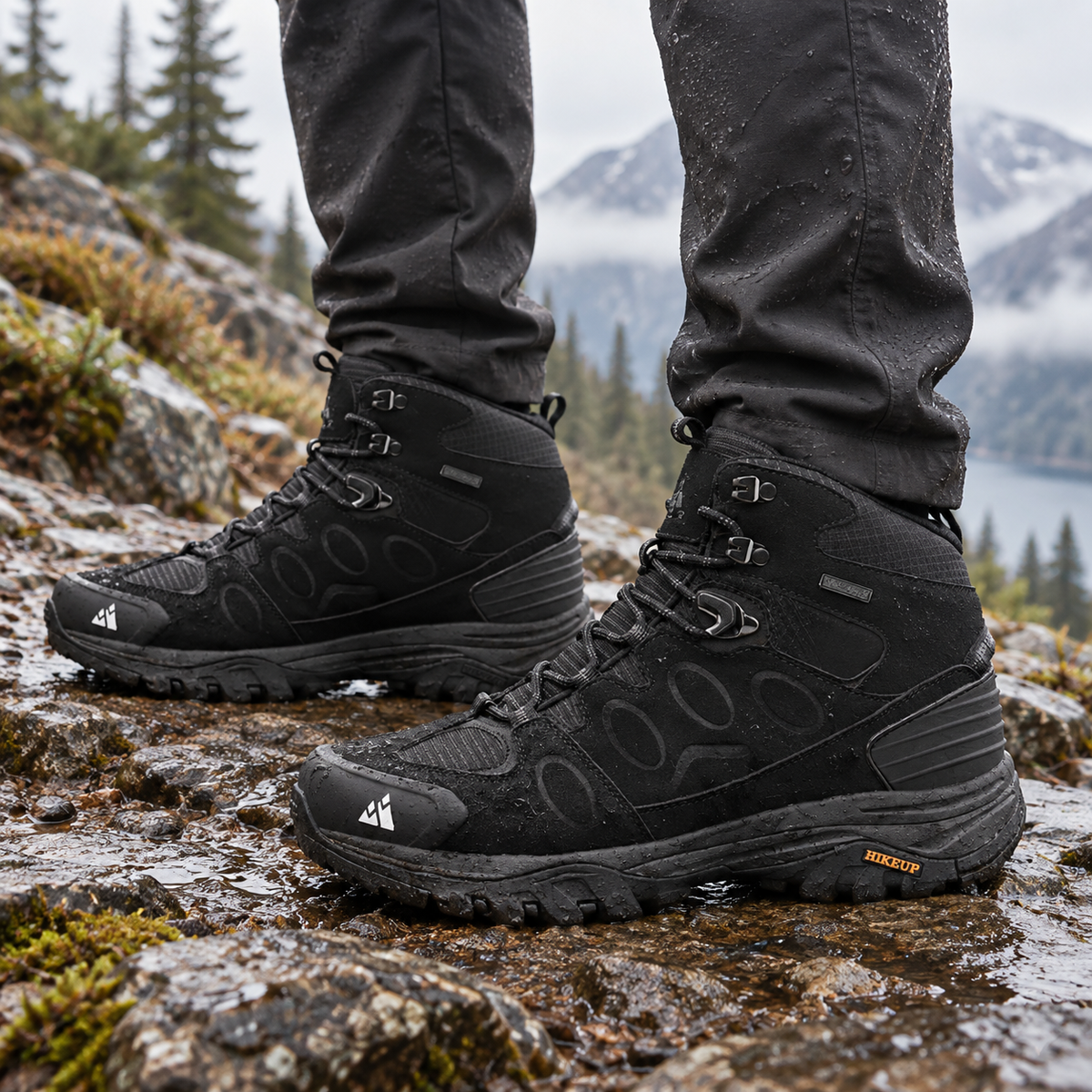 Paire de chaussures chaudes et imperméables de randonnée noires portée sur sentier humide