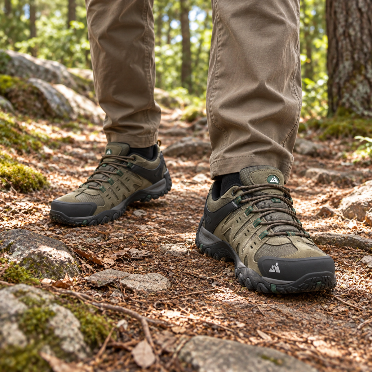 Chaussures montantes randonnée en toile homme kaki portées sur un sentier