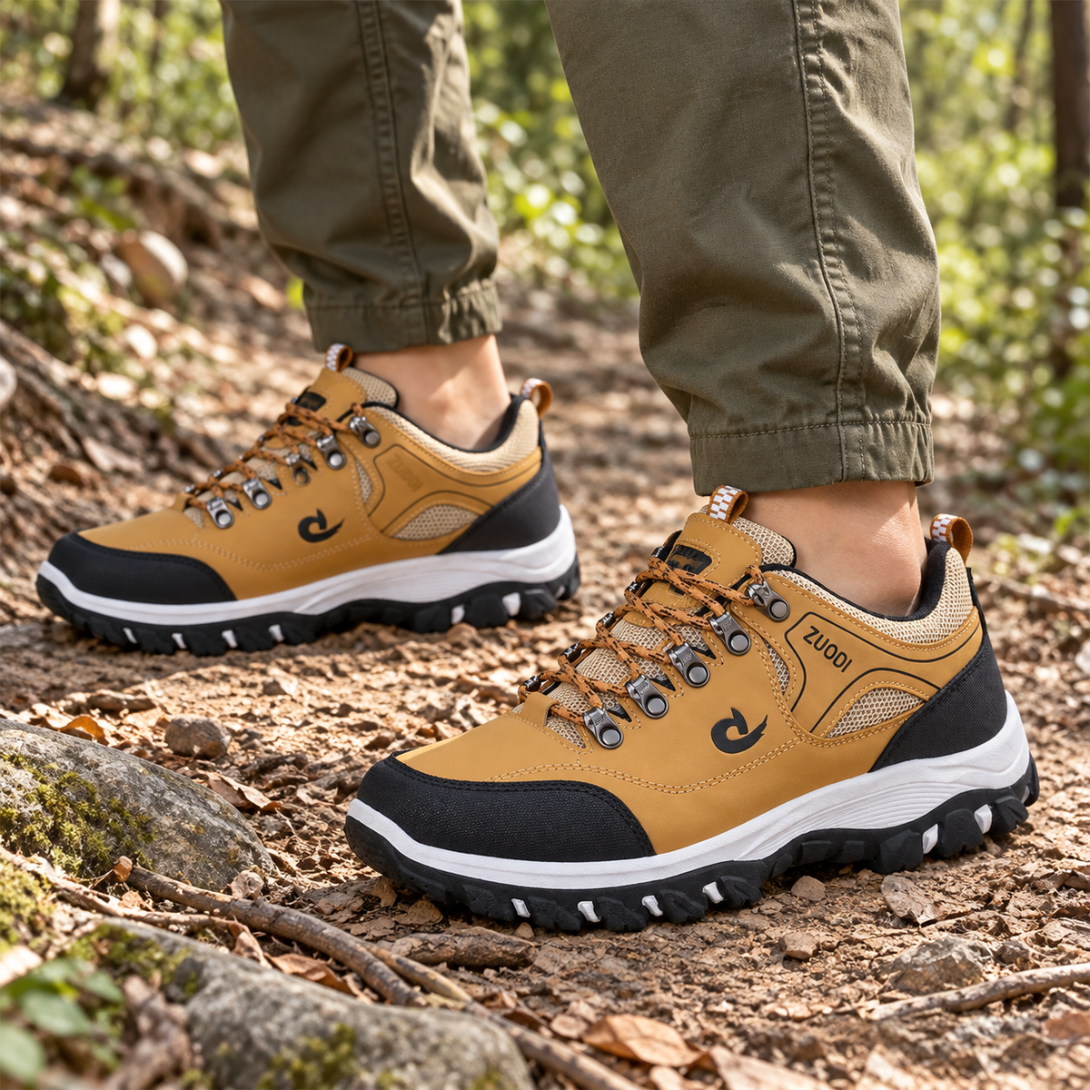 Paire de chaussures petite randonnée homme Marron portée sur un sentier sec