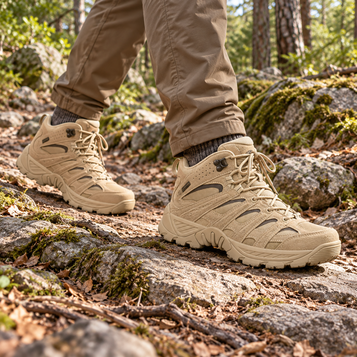Paire de chaussures randonnée avec amorti Tan portée sur sentier rocheux