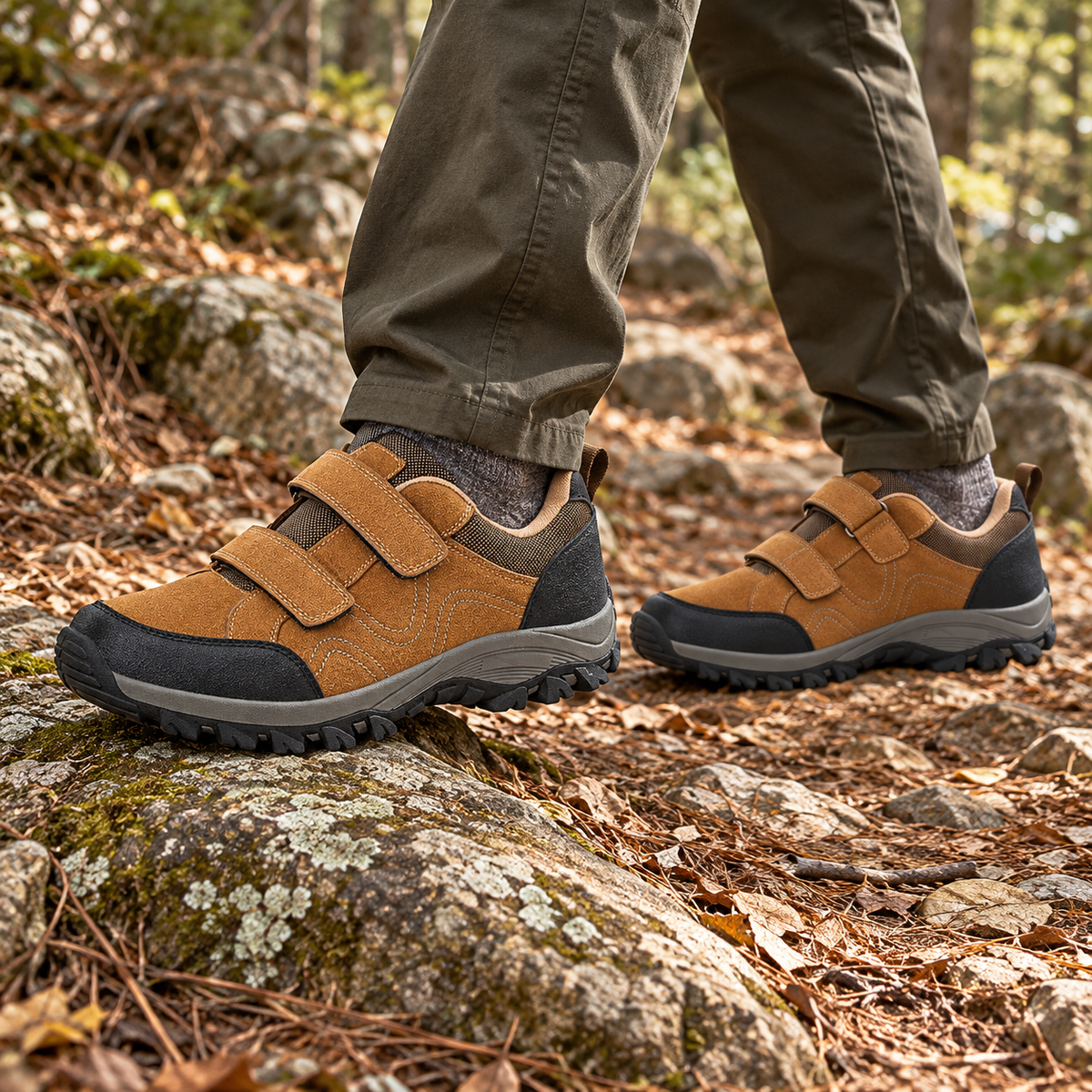 Paire de chaussures de randonnée avec deux scratchs kaki portée sur un sentier