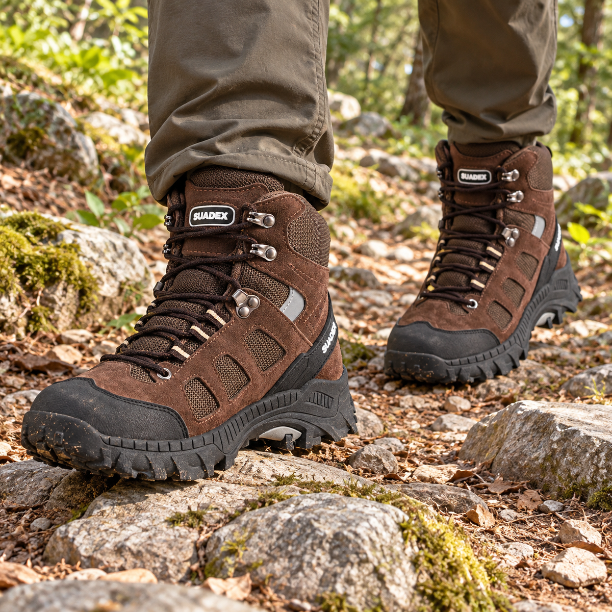 Paire de chaussures randonnée coquées marron portée sur sentier rocheux