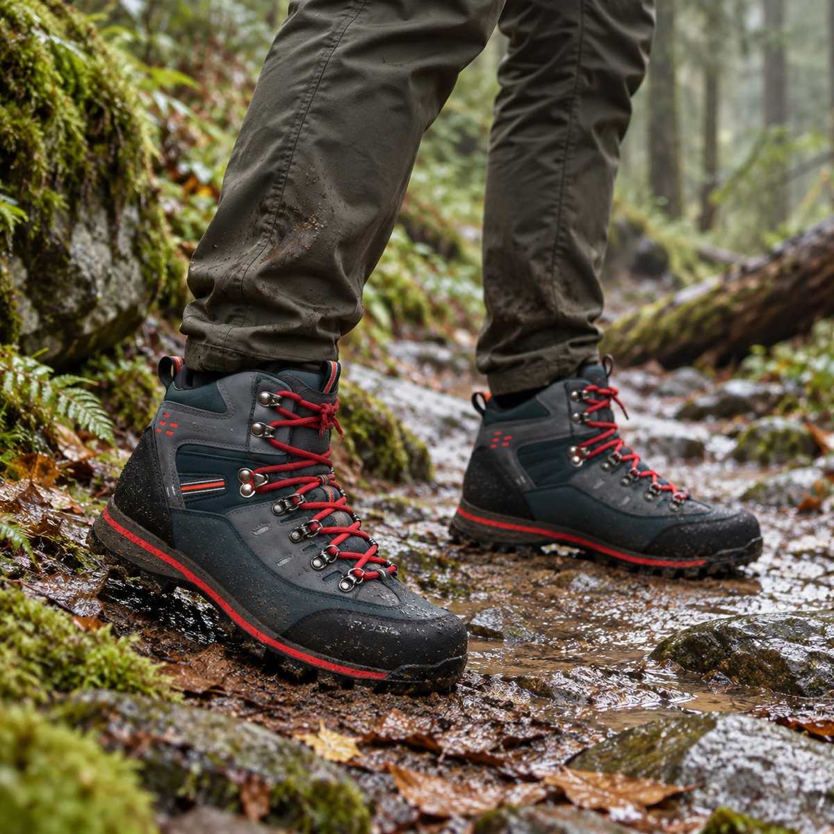 Paire de chaussures randonnée crantées Noires portée sur un sentier forestier humide