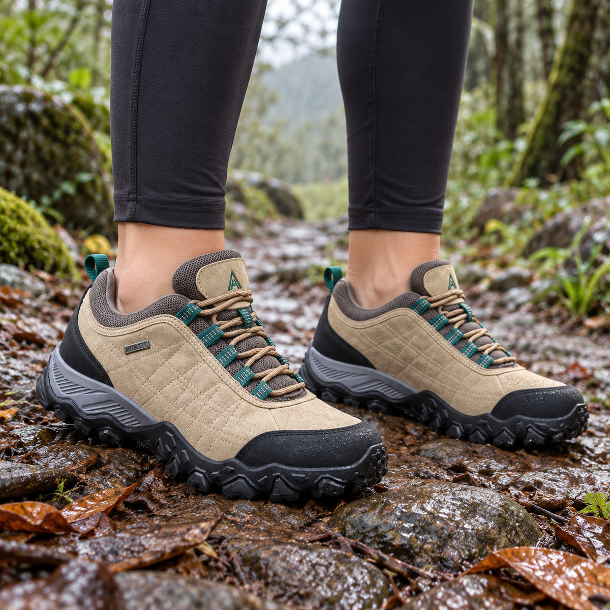 Paire de chaussures de randonnée en cuir imperméables femme kaki portée sur sentier humide