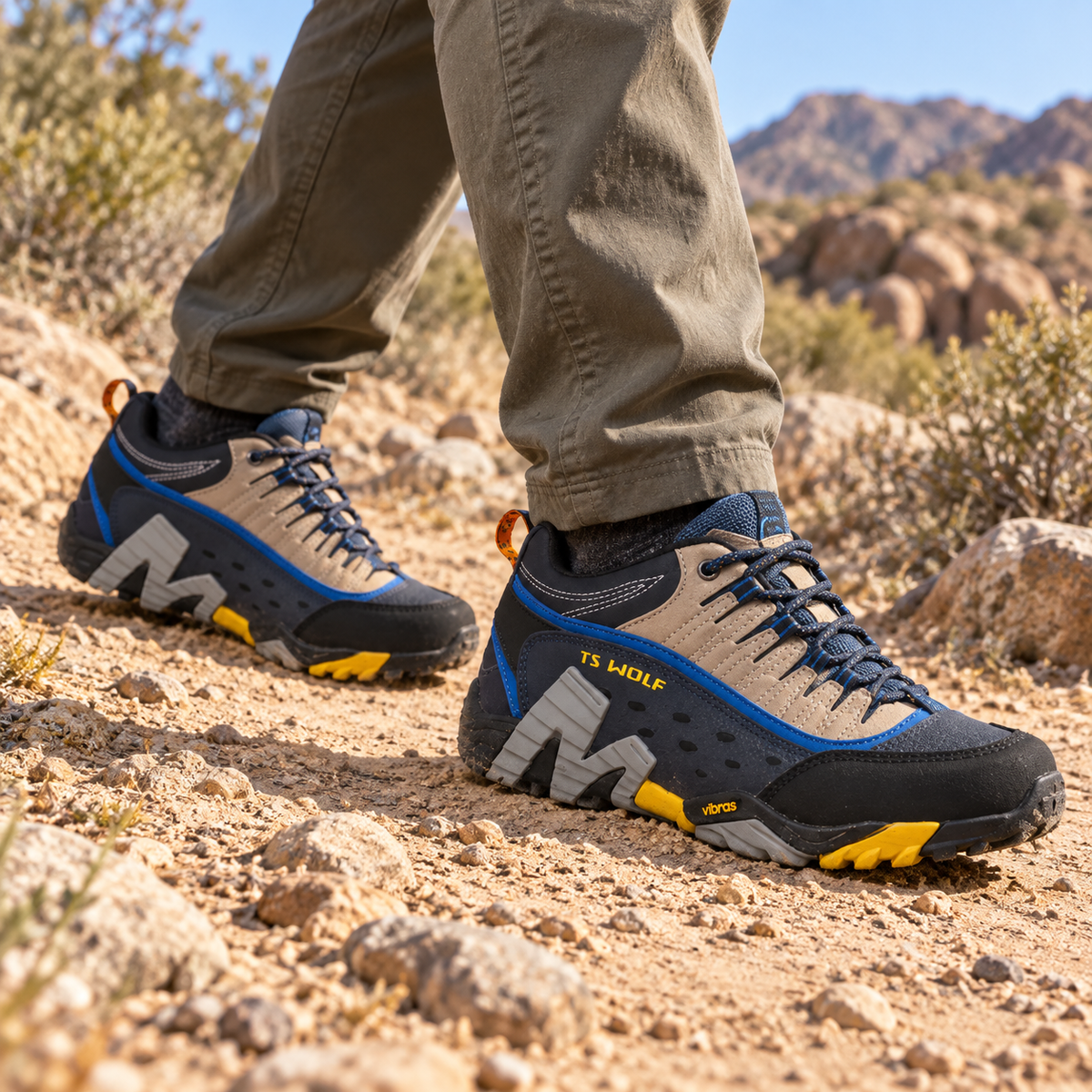 Paire de chaussures randonnée desert jaunes portée sur terrain sec