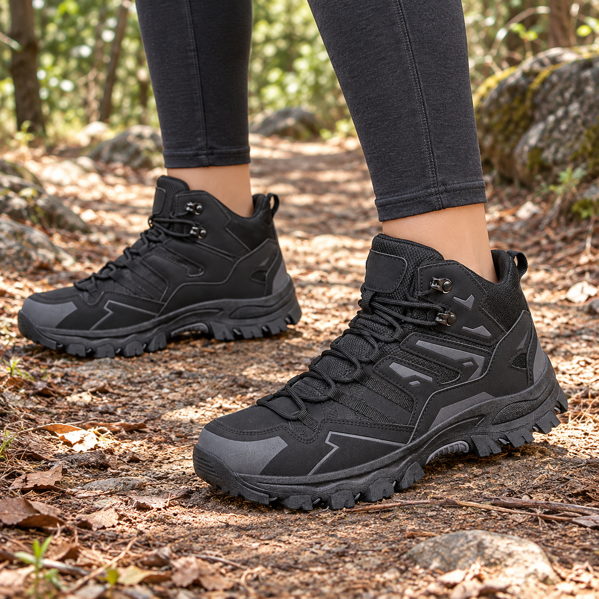 Paire de chaussures randonnée femme pour chevilles fragiles noires portée sur un sentier sec
