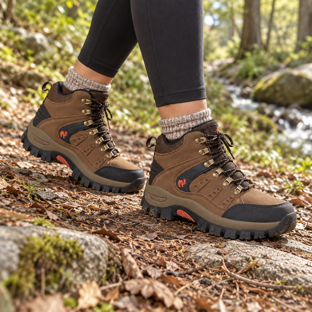 Paire de chaussures randonnée femme marron Peru portée sur un sentier