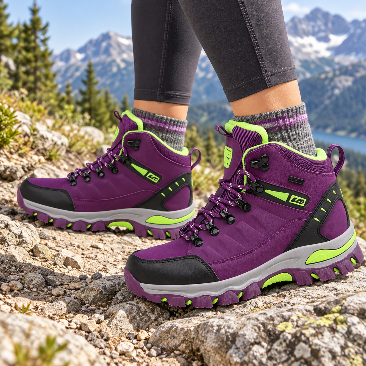 Paire de chaussures randonnée femme montante vert fluo et violet portée sur un sentier