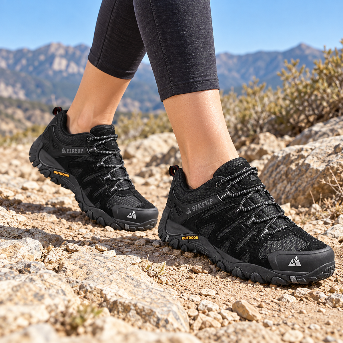 Paire de chaussures randonnée femme noires portée sur sentier rocheux