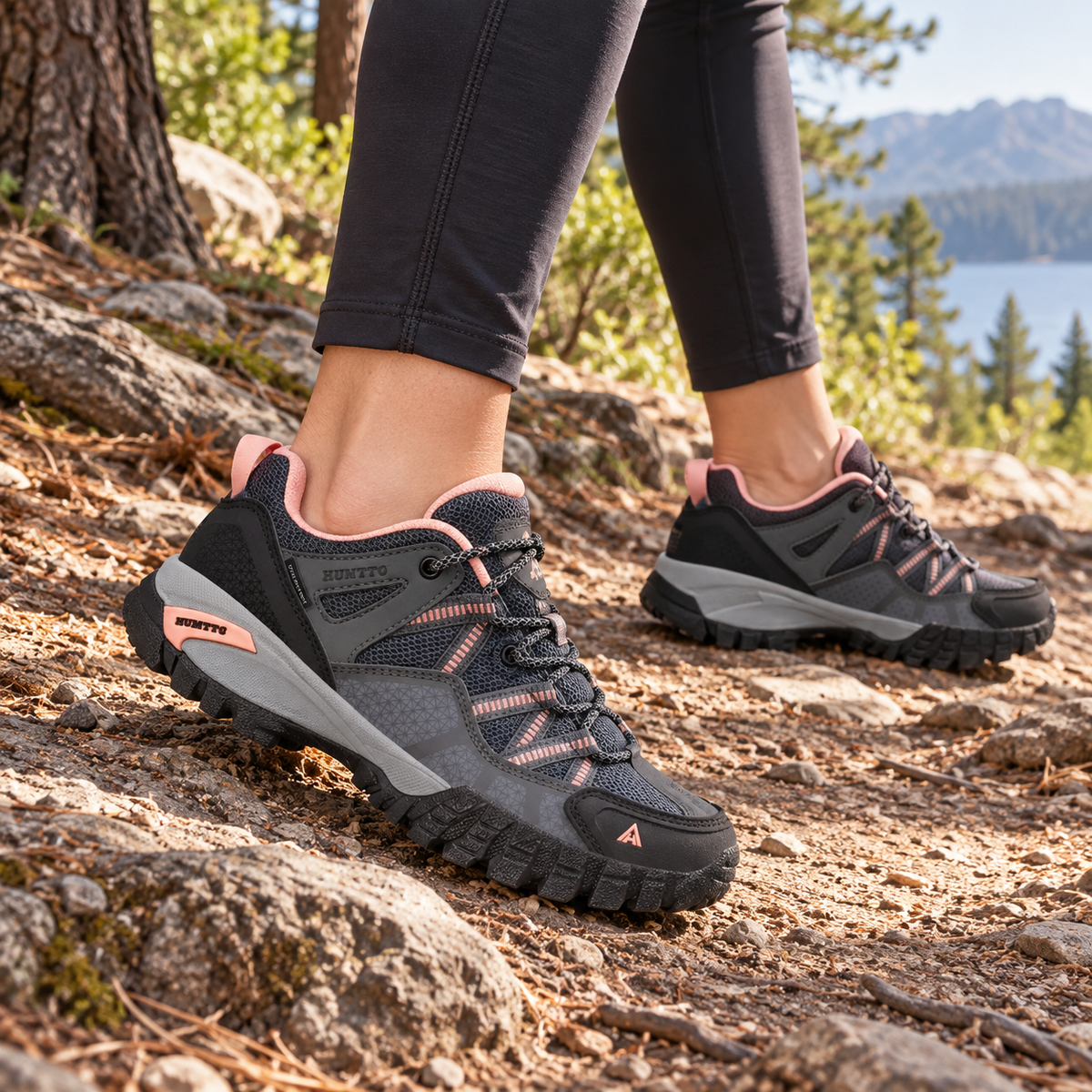 Chaussures randonnée femme vegan noires portées sur un sentier naturel