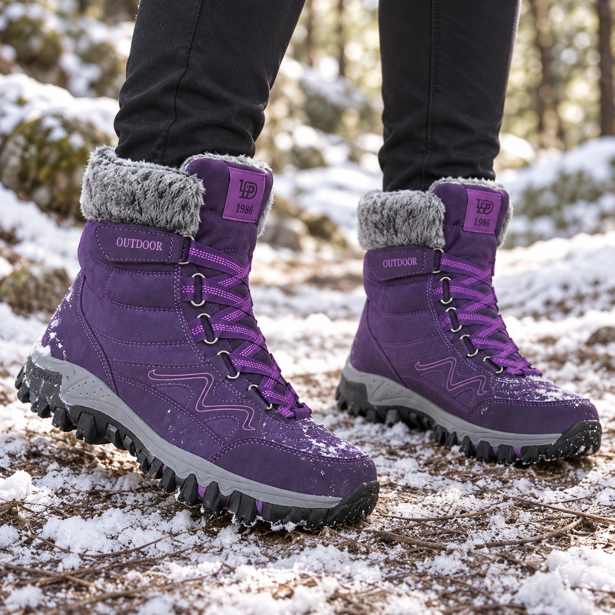 Paire de chaussures randonnée grand froid violettes portée sur sentier enneigé