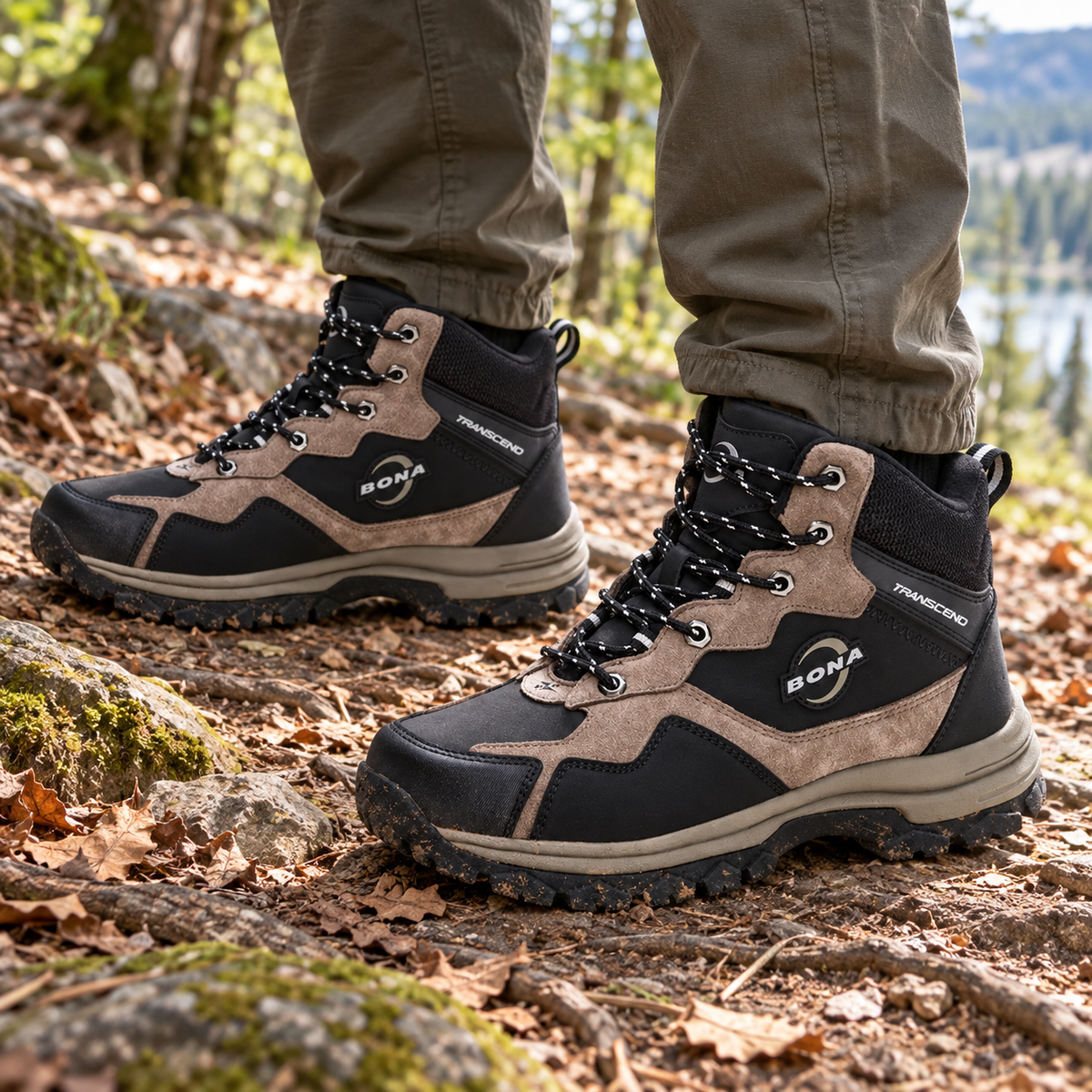 Paire de chaussures randonnée grande taille beiges portée sur un sentier